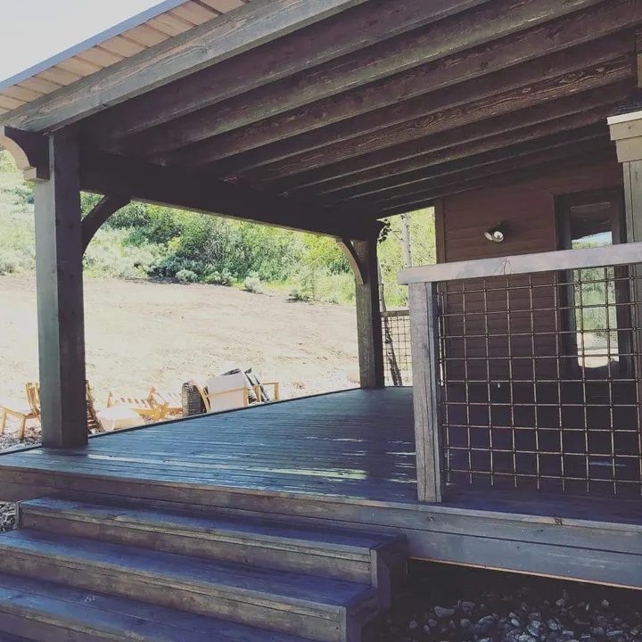 Covered deck with a lattice privacy panel