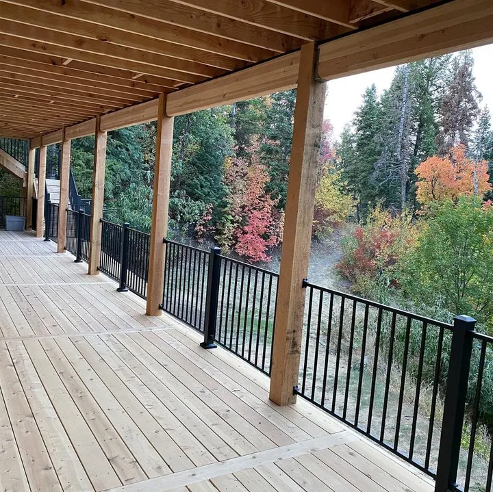 Covered raised deck overlooking trees with black railing