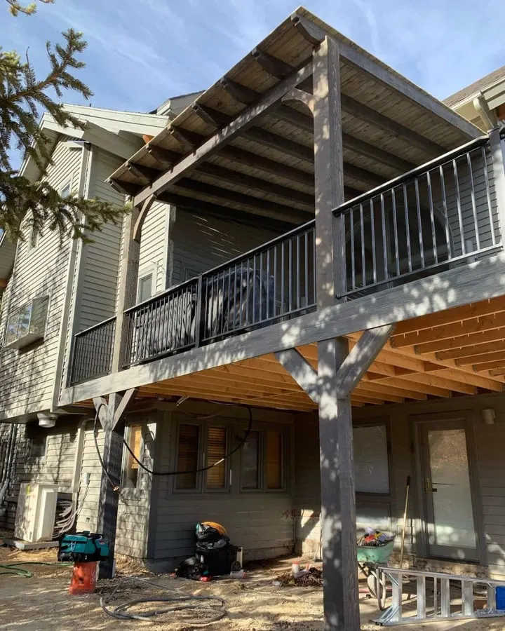 Elevated covered deck viewed from below