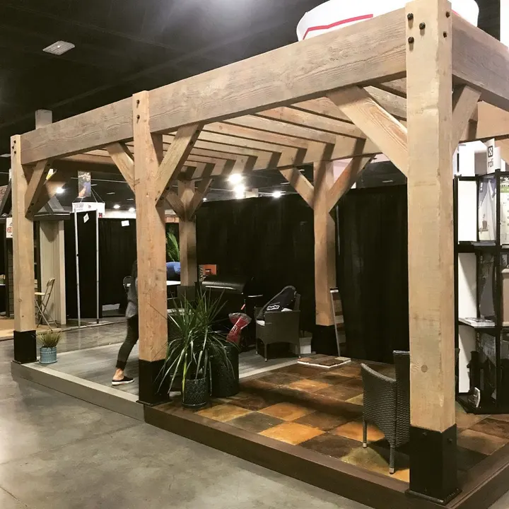 Timber pavilion display inside an exhibition space