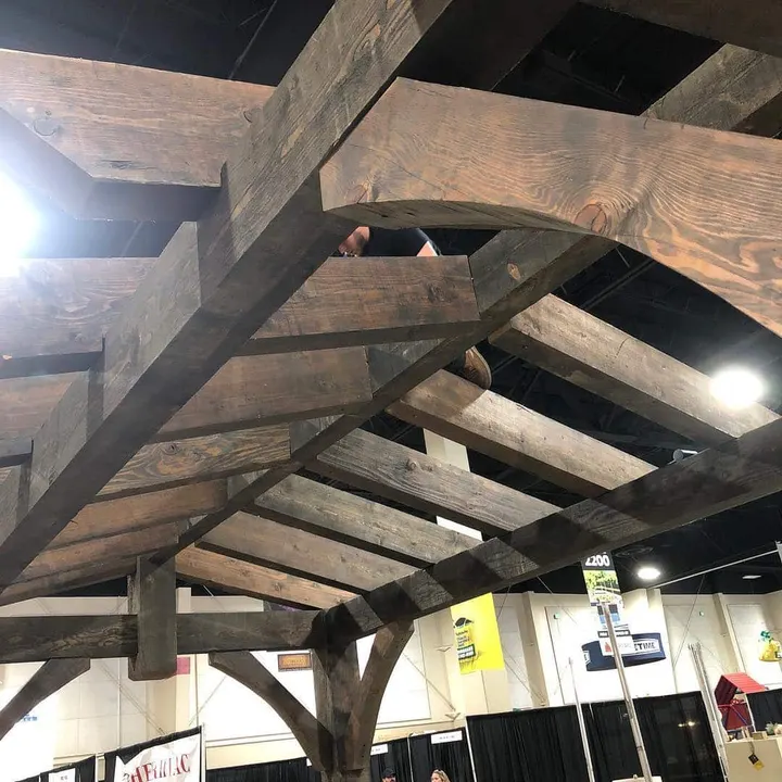 Upward close view of pergola lattice and beams