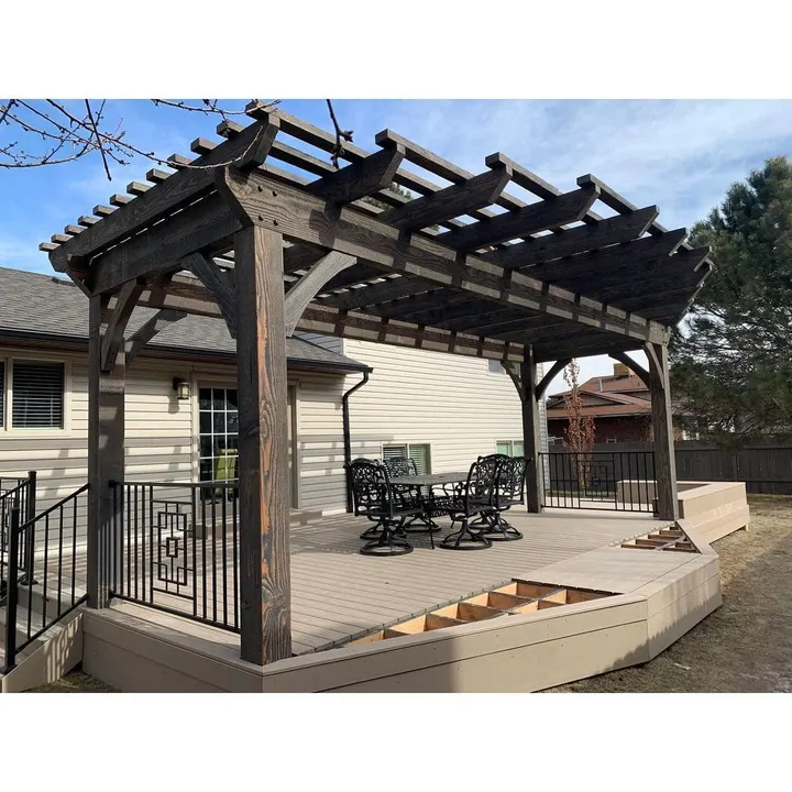 Open-lattice pergola over a multi-sided raised deck