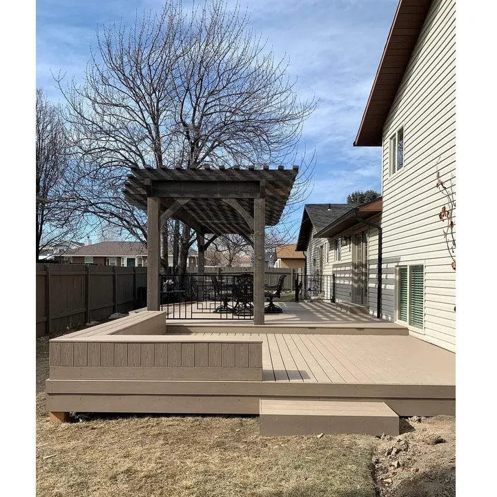 Raised deck pergola viewed from the stairs