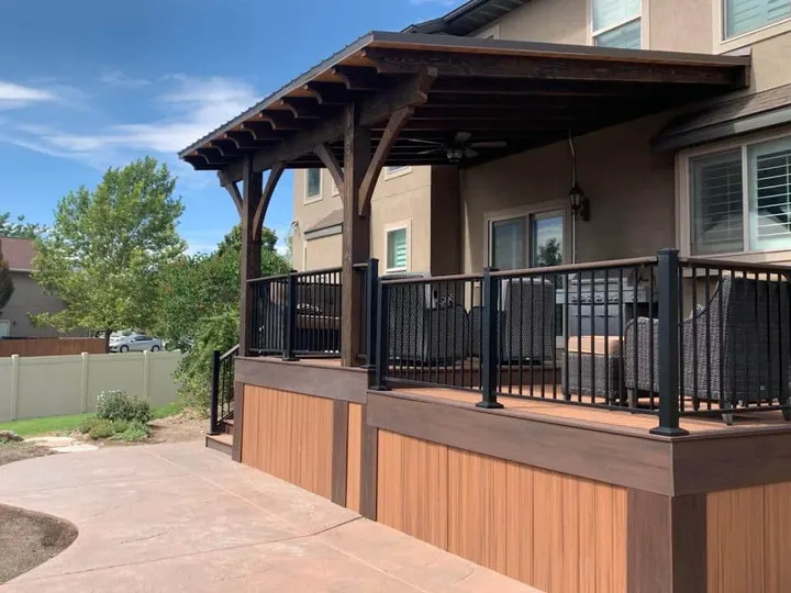 Covered deck with timber framing and railing