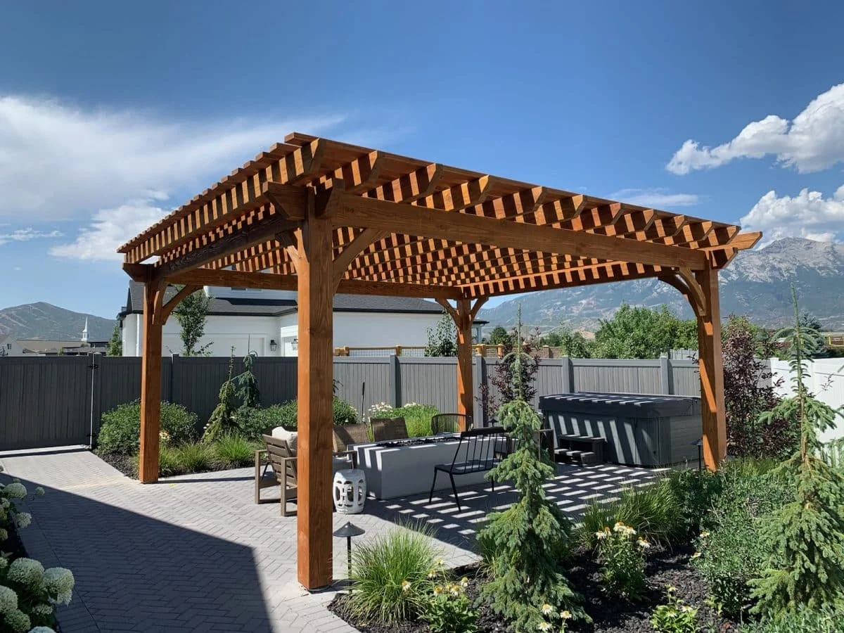 Custom freestanding timber pergola in a Utah backyard