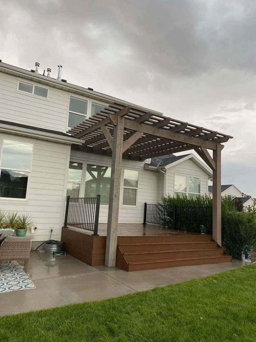 Modern gray timber patio cover with clean architectural lines