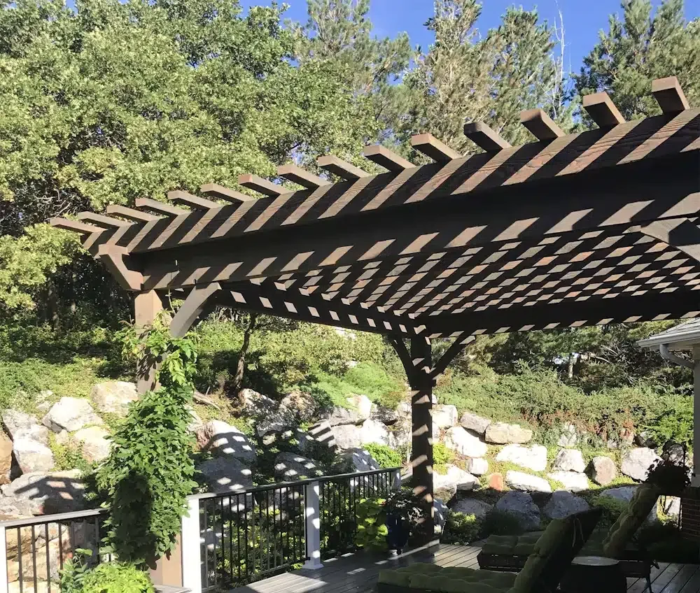 Open-lattice garden pergola with outdoor seating